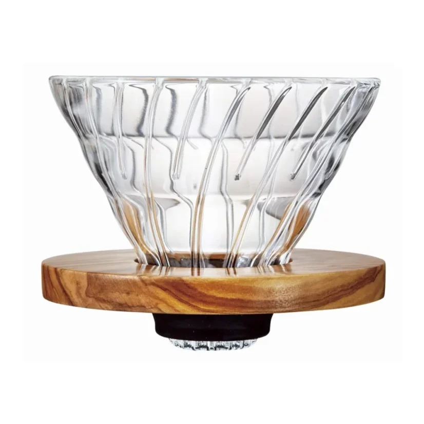 Hario Dripper V60-02, glass, with olive wood